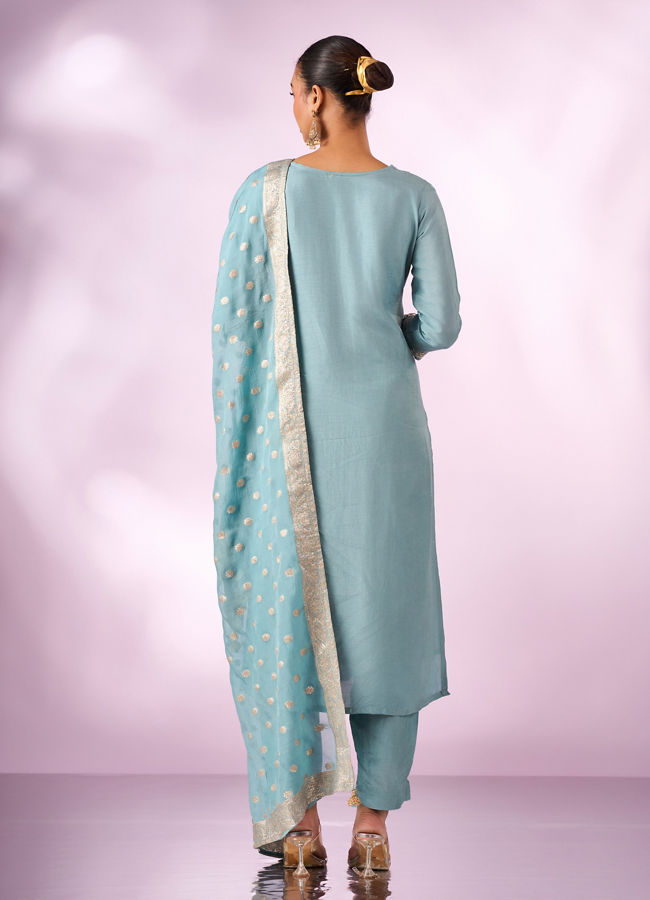 Mohey Women Light Blue Silk Stitched Suit with Embroidery