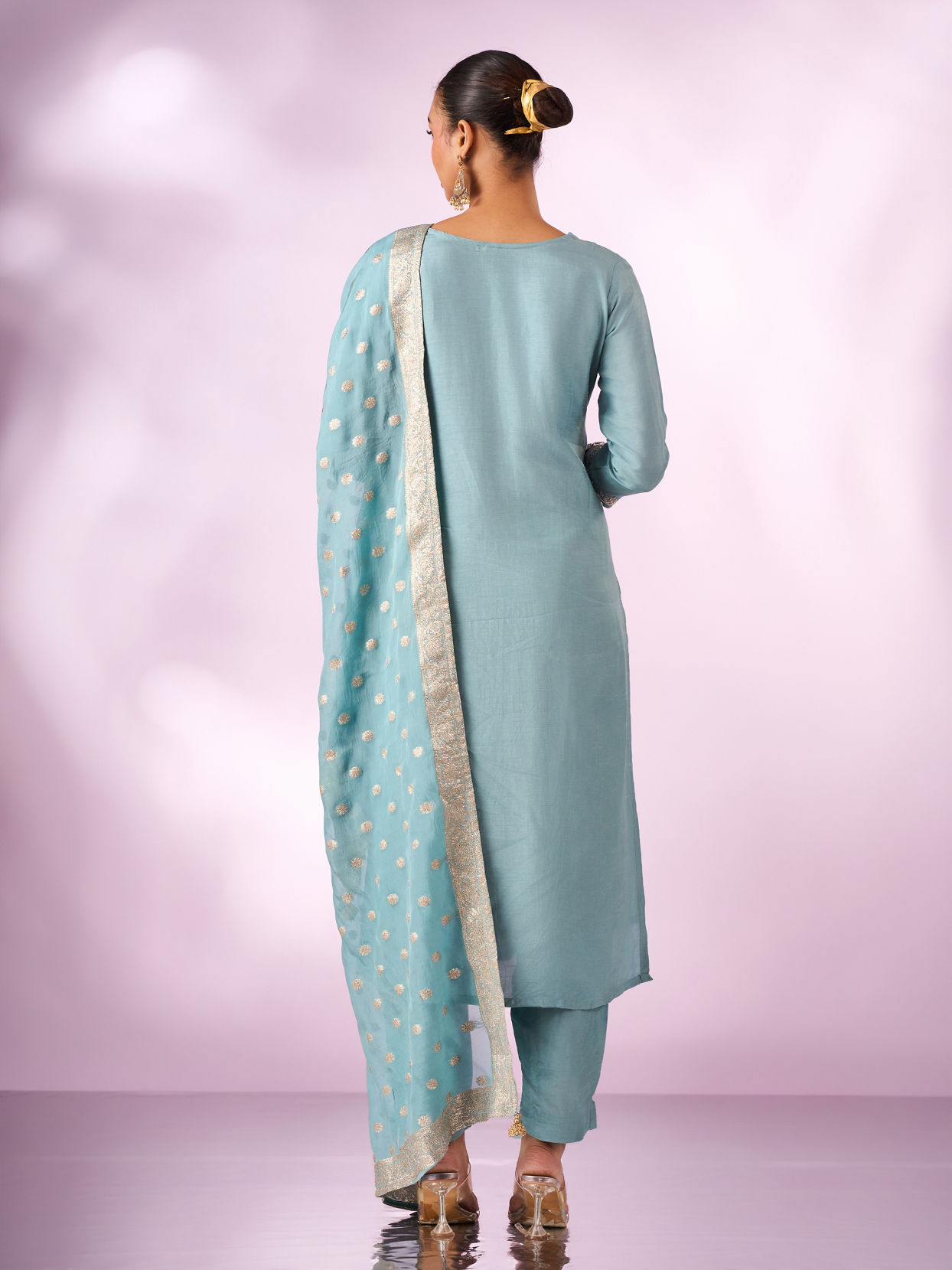 Mohey Women Light Blue Silk Stitched Suit with Embroidery