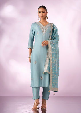 Mohey Women Light Blue Silk Stitched Suit with Embroidery