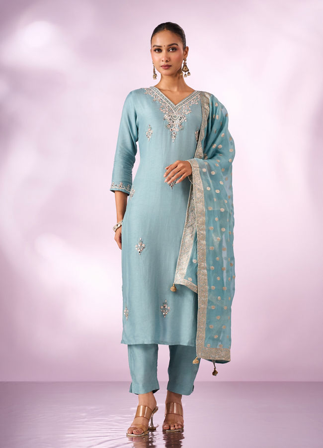 Mohey Women Light Blue Silk Stitched Suit with Embroidery