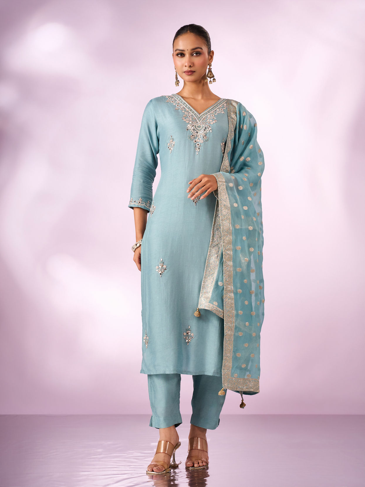 Mohey Women Light Blue Silk Stitched Suit with Embroidery