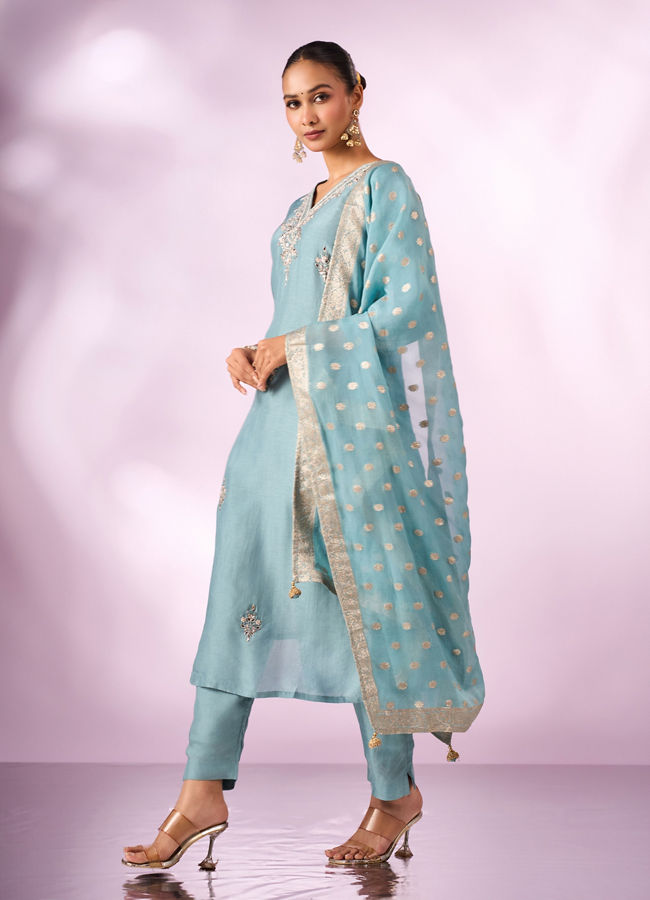 Mohey Women Light Blue Silk Stitched Suit with Embroidery