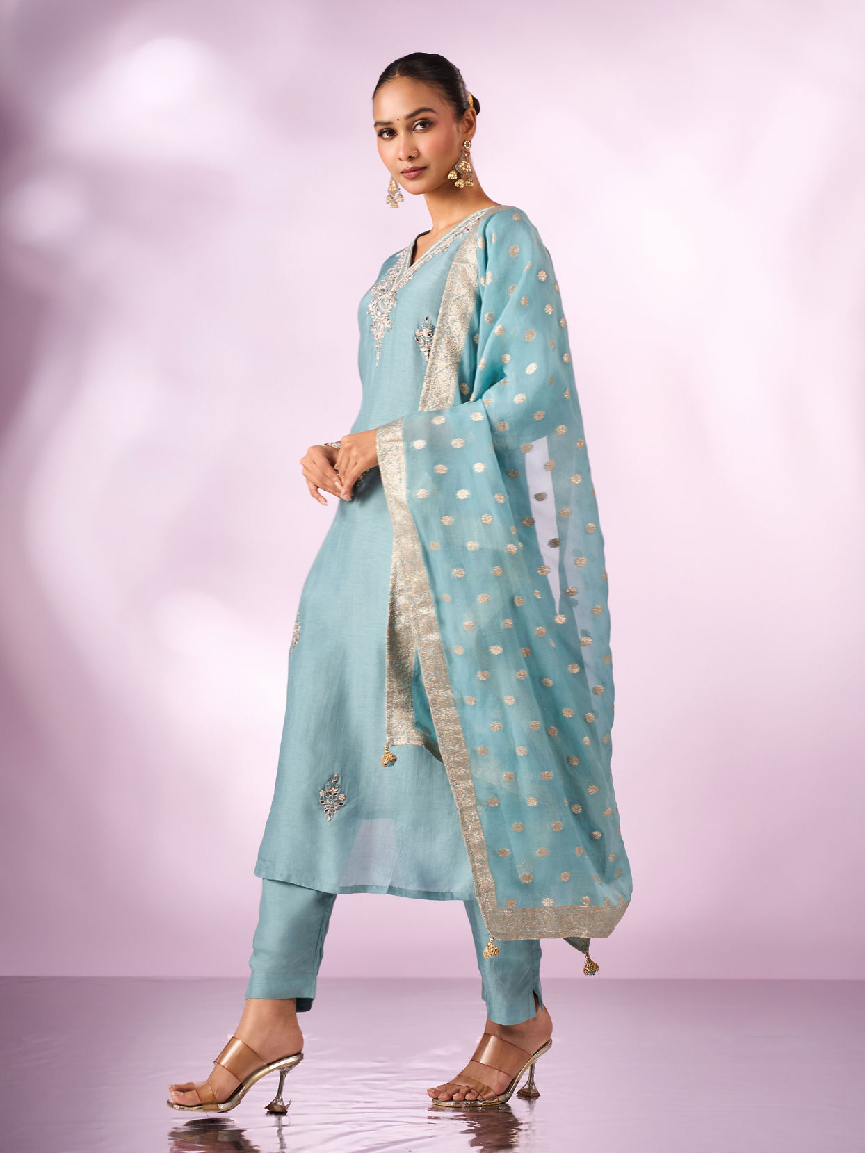 Mohey Women Light Blue Silk Stitched Suit with Embroidery