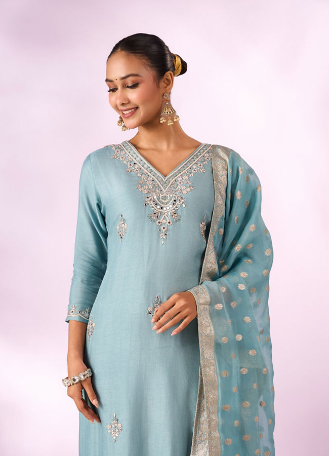 Mohey Women Light Blue Silk Stitched Suit with Embroidery
