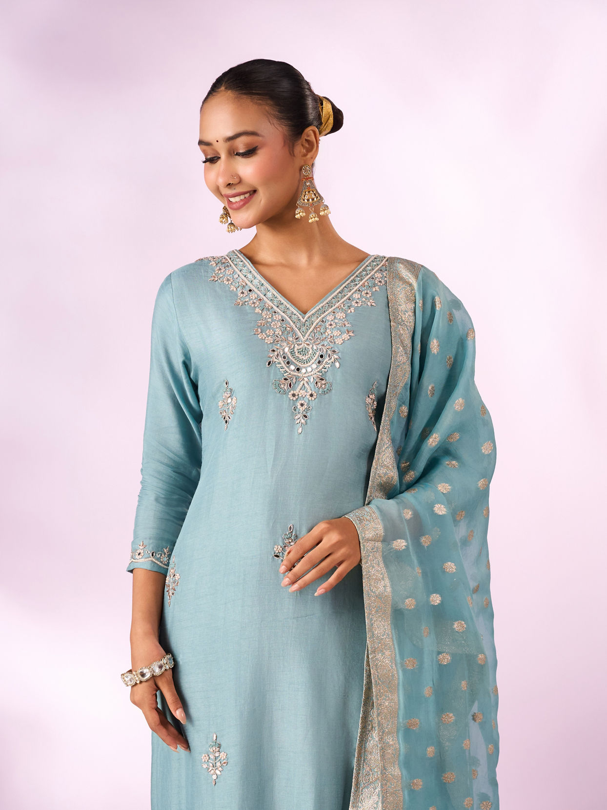 Mohey Women Light Blue Silk Stitched Suit with Embroidery