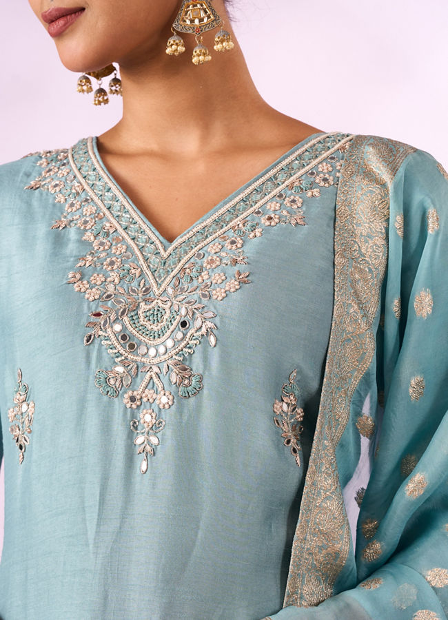 Mohey Women Light Blue Silk Stitched Suit with Embroidery