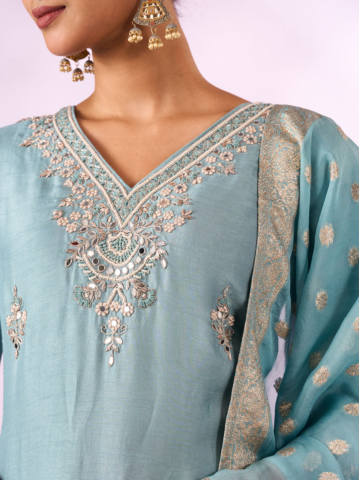 Mohey Women Light Blue Silk Stitched Suit with Embroidery