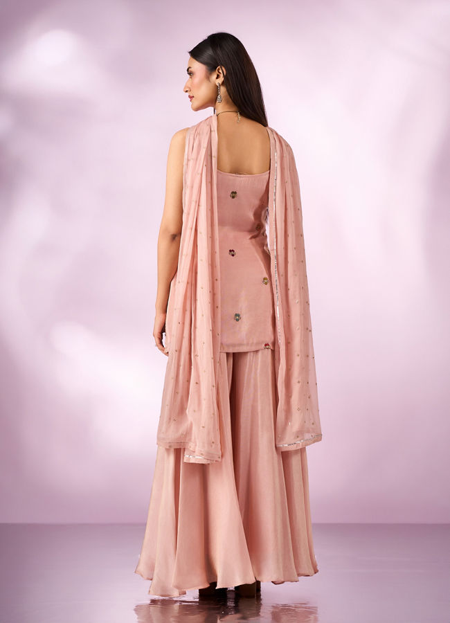 Mohey Women Peach Tissue Palazzo Suit with Hand Embroidery