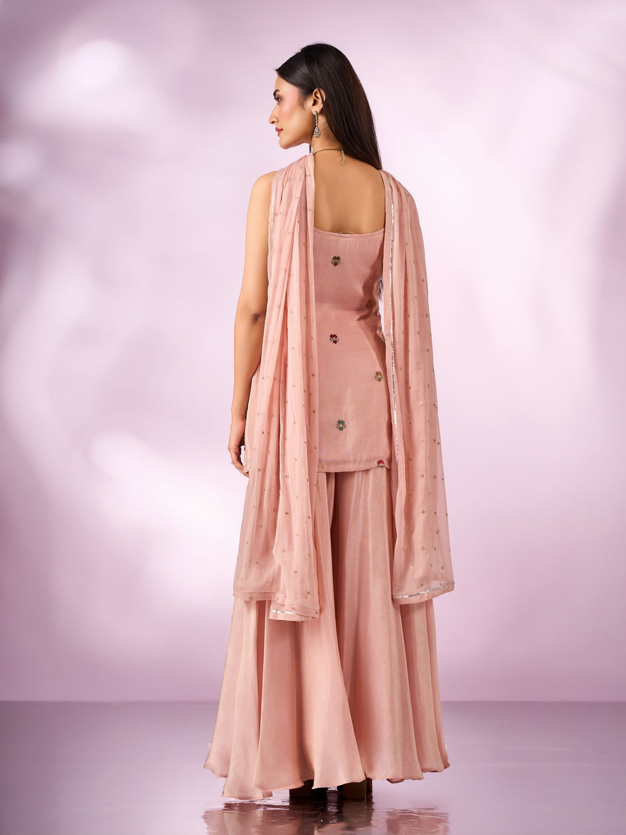 Mohey Women Peach Tissue Palazzo Suit with Hand Embroidery