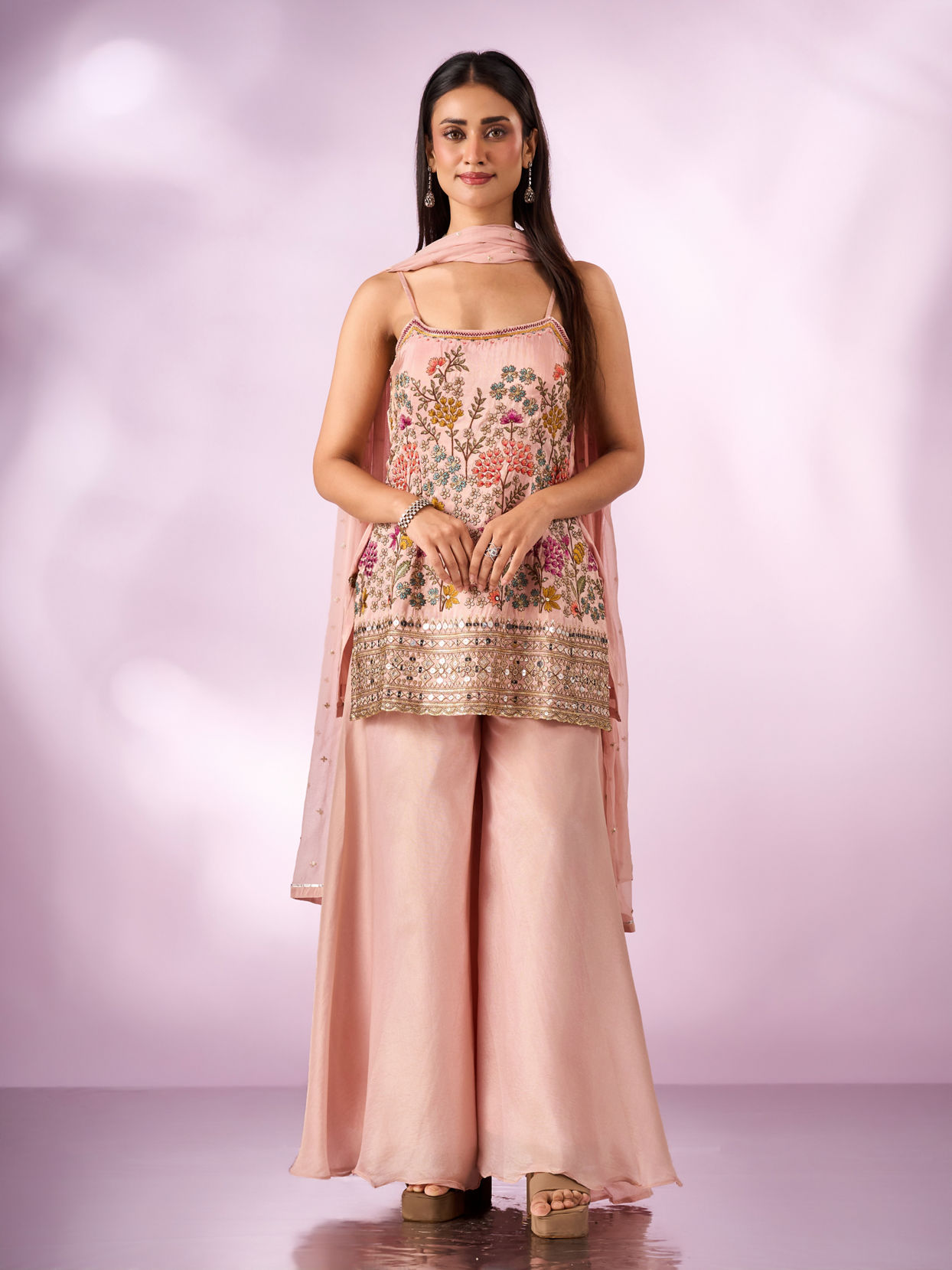 Mohey Women Peach Tissue Palazzo Suit with Hand Embroidery