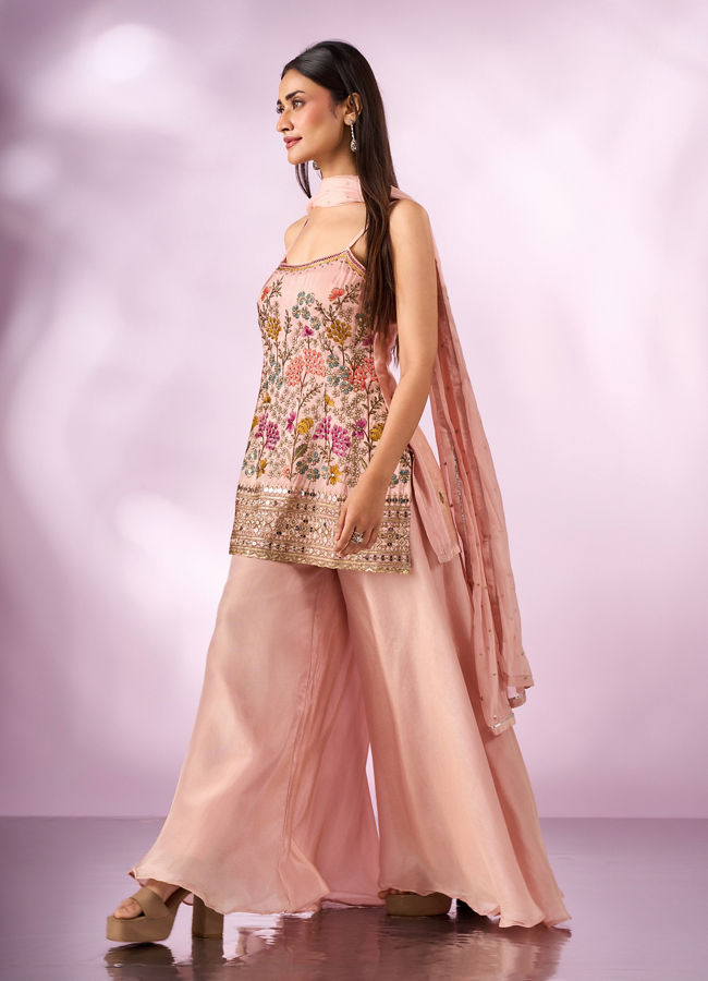 Mohey Women Peach Tissue Palazzo Suit with Hand Embroidery