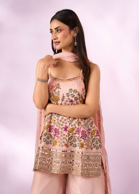 Mohey Women Peach Tissue Palazzo Suit with Hand Embroidery