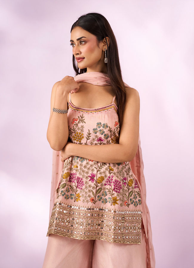 Mohey Women Peach Tissue Palazzo Suit with Hand Embroidery