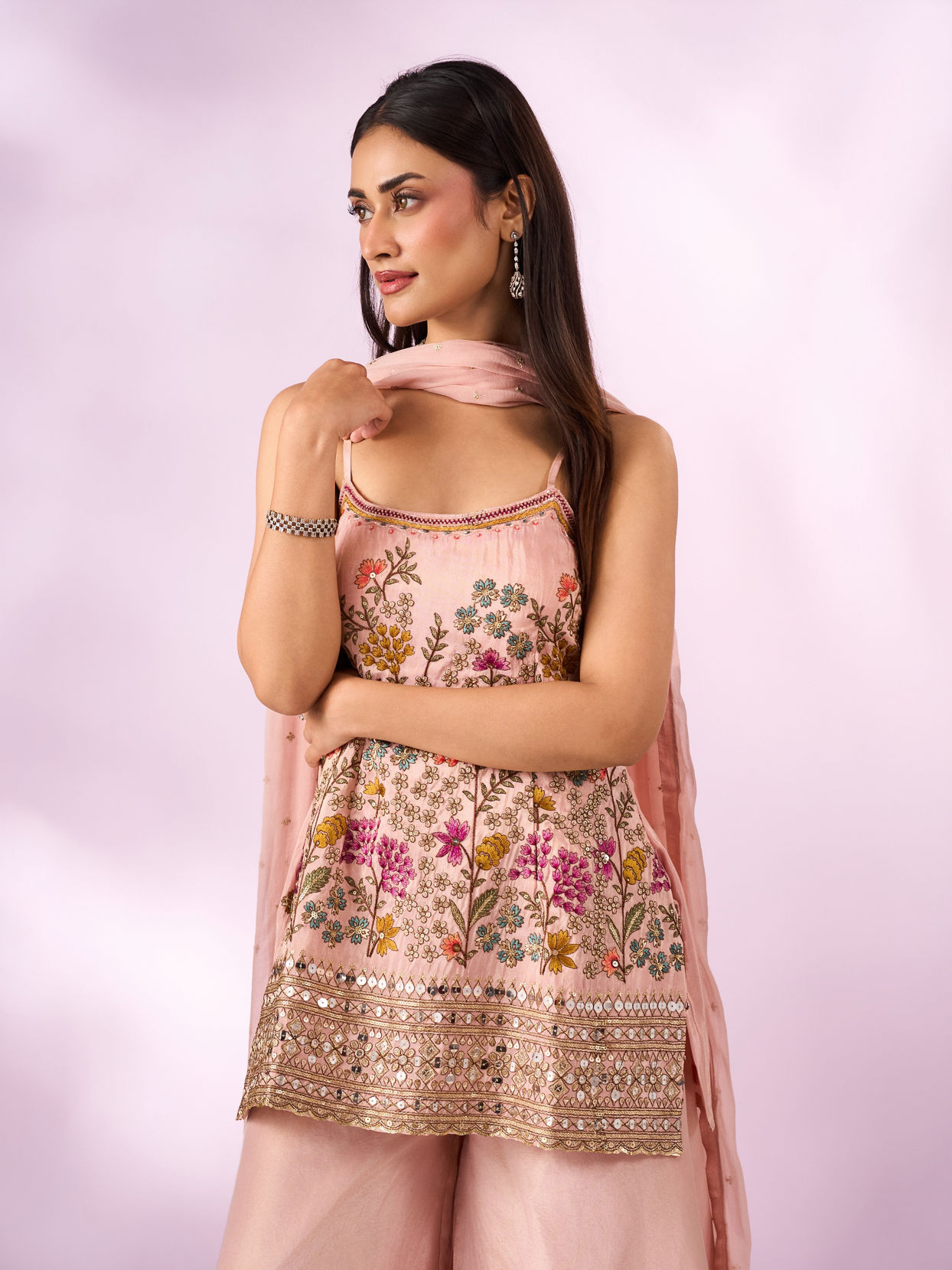 Mohey Women Peach Tissue Palazzo Suit with Hand Embroidery