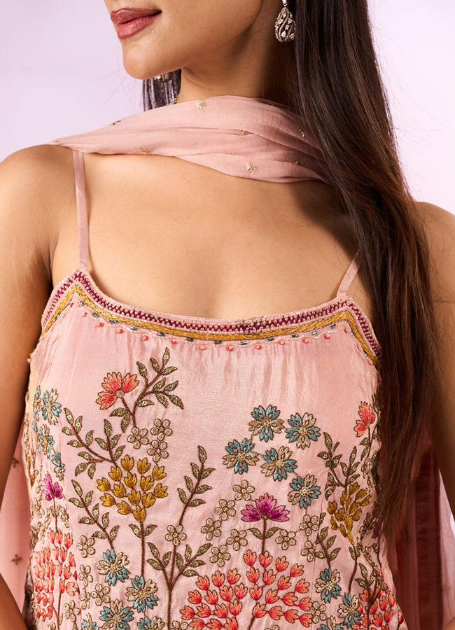 Mohey Women Peach Tissue Palazzo Suit with Hand Embroidery