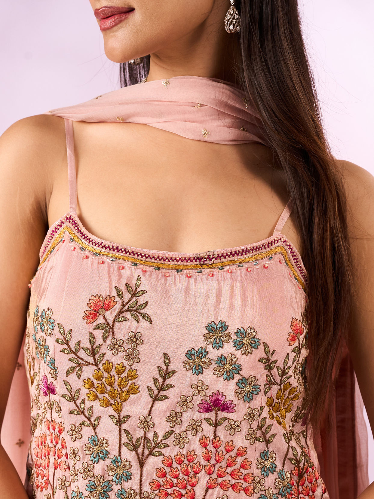Mohey Women Peach Tissue Palazzo Suit with Hand Embroidery