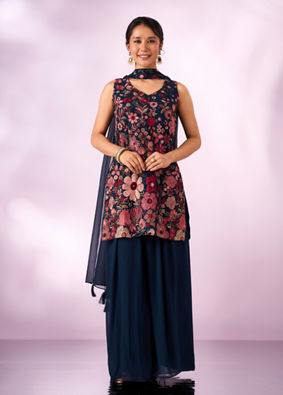 Mohey Women Indigo Blue Georgette Palazzo Suit with Sequin Work