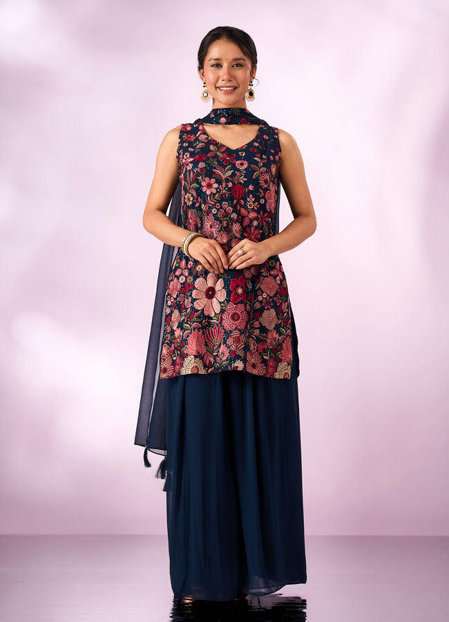 Mohey Women Indigo Blue Georgette Palazzo Suit with Sequin Work