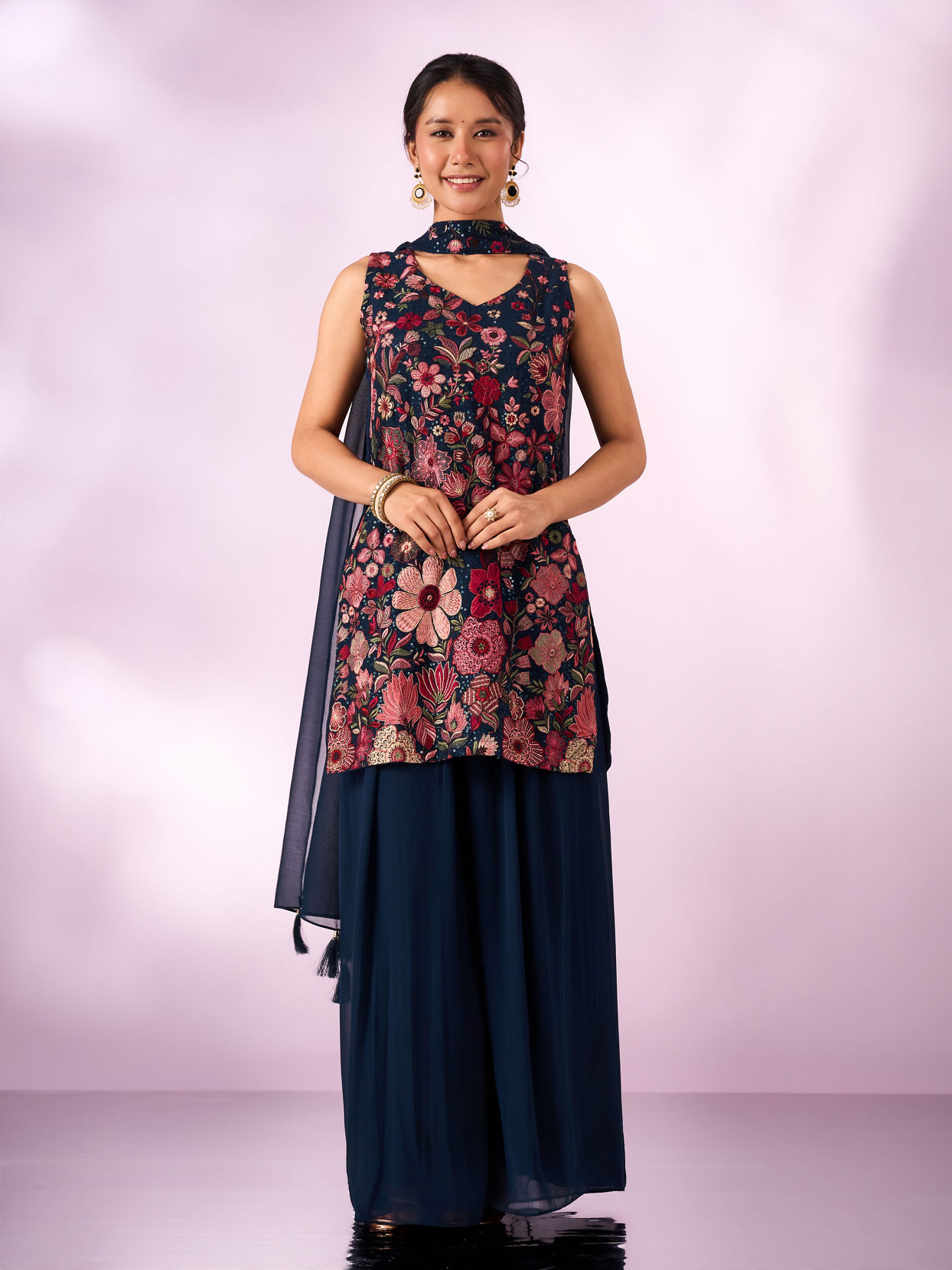 Mohey Women Indigo Blue Georgette Palazzo Suit with Sequin Work