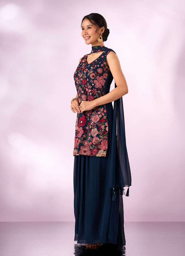 Mohey Women Indigo Blue Georgette Palazzo Suit with Sequin Work