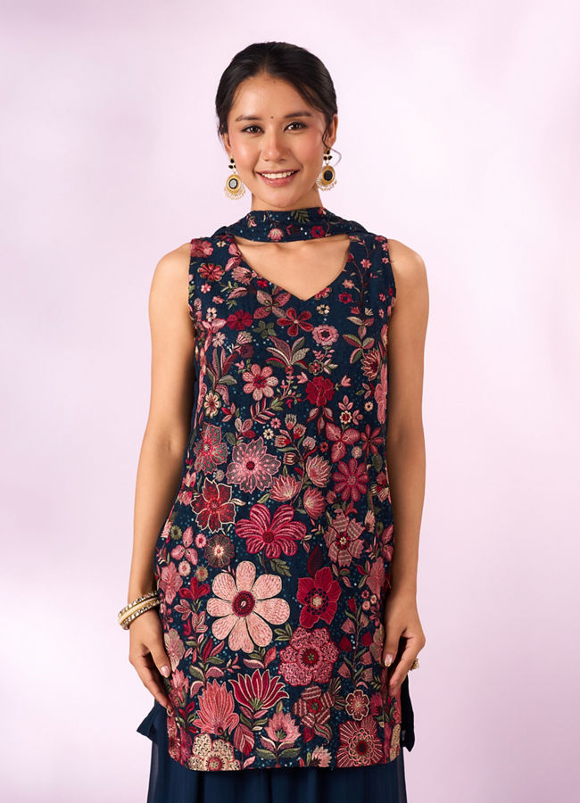 Mohey Women Indigo Blue Georgette Palazzo Suit with Sequin Work