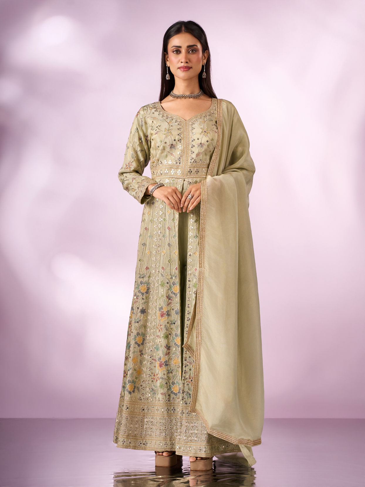 Mohey Women Green Chinon Kurti with Sequin Work