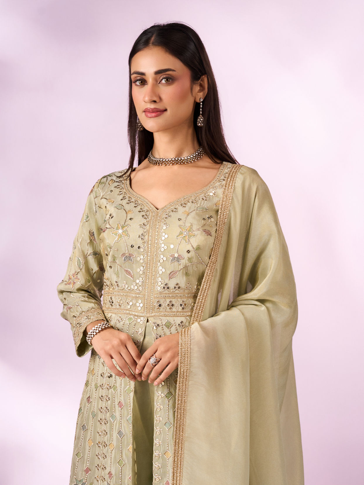 Mohey Women Green Chinon Kurti with Sequin Work