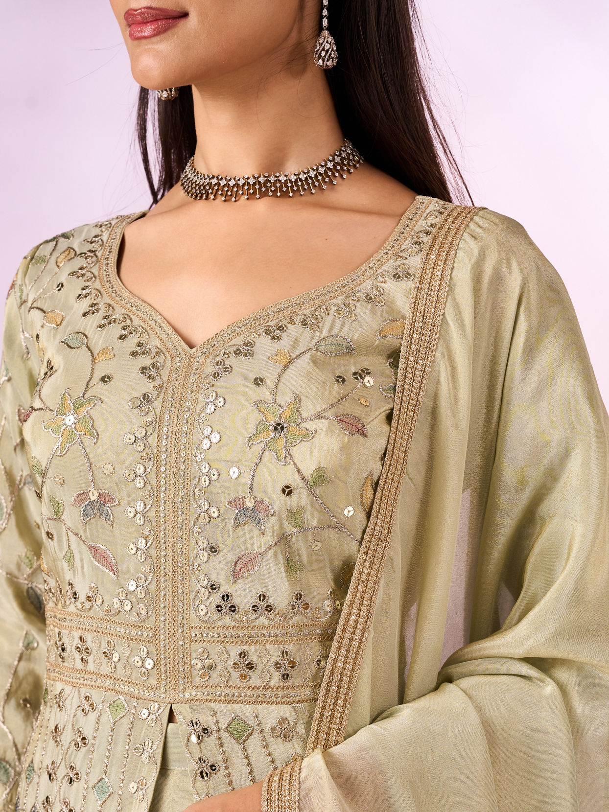 Mohey Women Green Chinon Kurti with Sequin Work