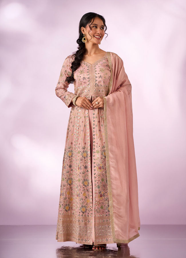 Mohey Women Light Pink Chinon Kurti with Sequin Work