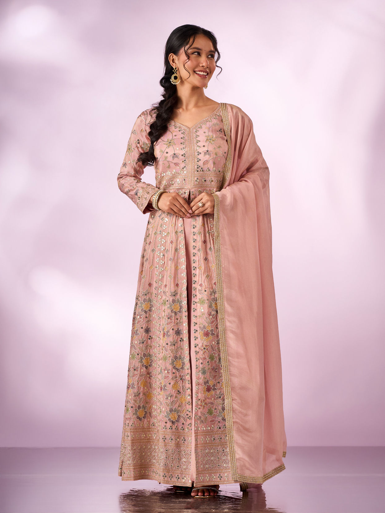 Mohey Women Light Pink Chinon Kurti with Sequin Work