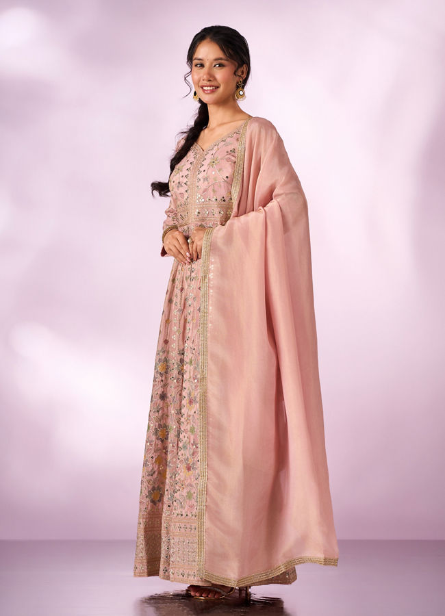 Mohey Women Light Pink Chinon Kurti with Sequin Work