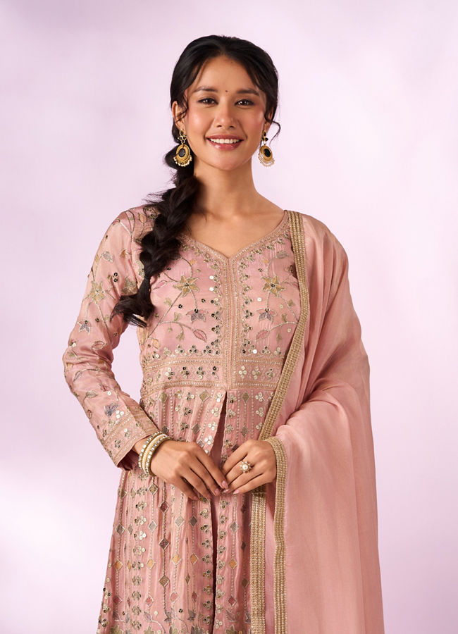 Mohey Women Light Pink Chinon Kurti with Sequin Work