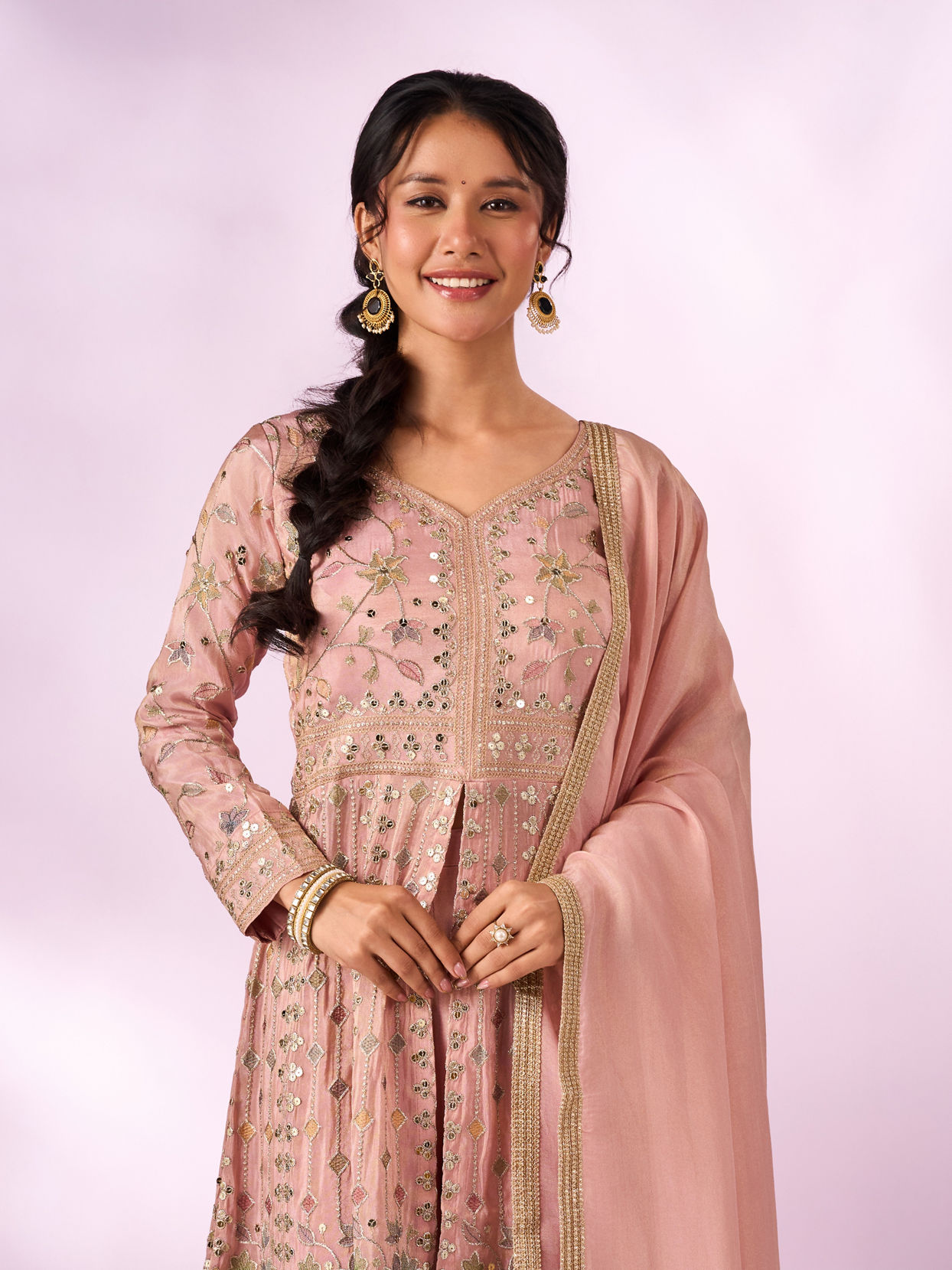 Mohey Women Light Pink Chinon Kurti with Sequin Work