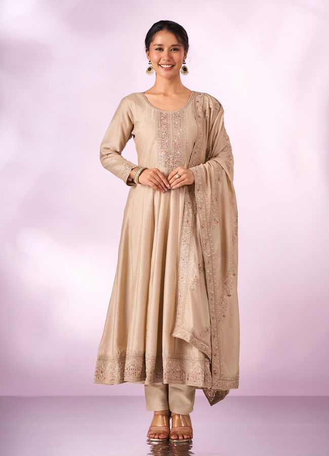 Mohey Women Cream Silk Anarkali Suit with Embroidery
