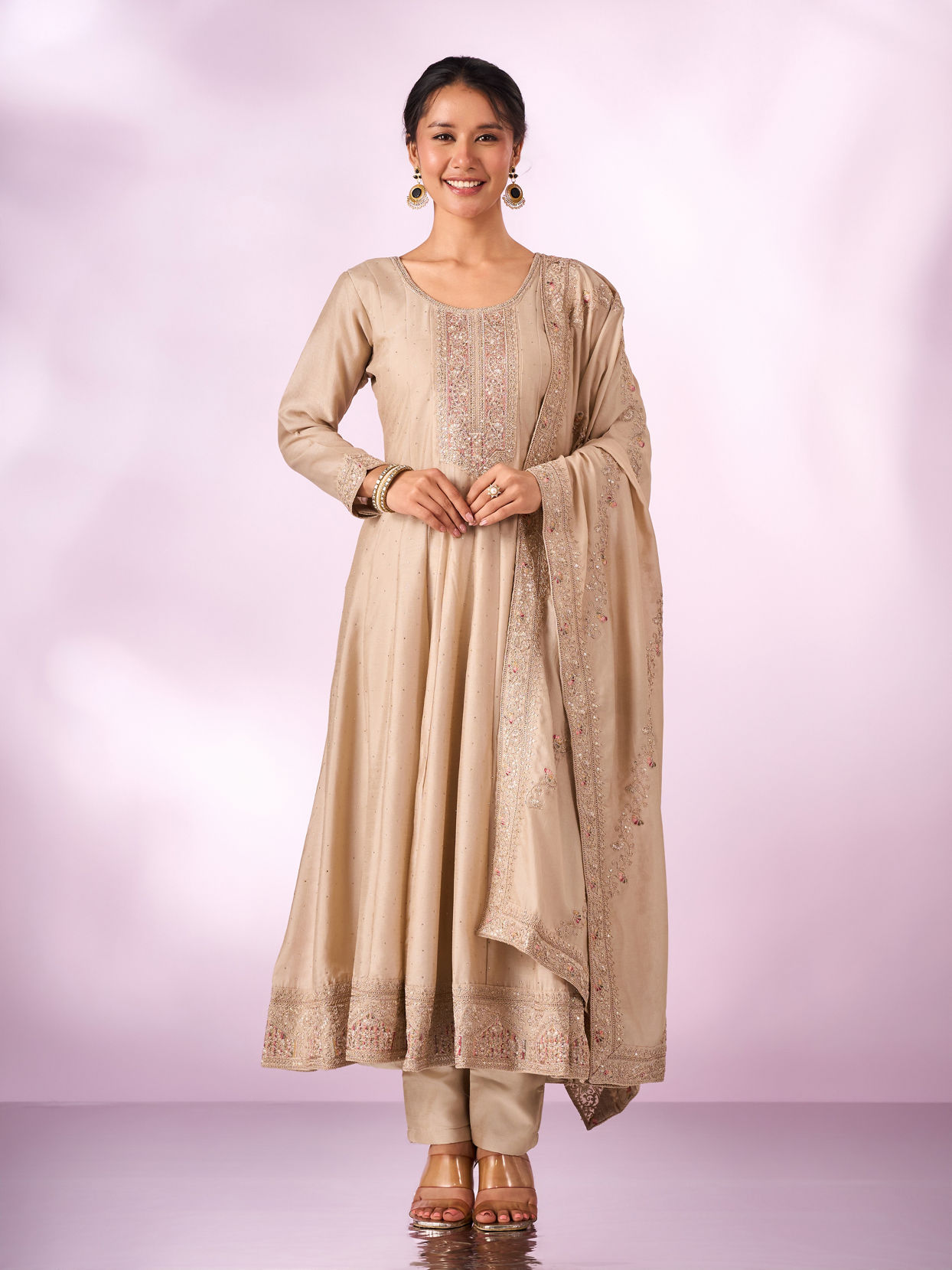Mohey Women Cream Silk Anarkali Suit with Embroidery