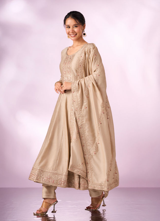 Mohey Women Cream Silk Anarkali Suit with Embroidery