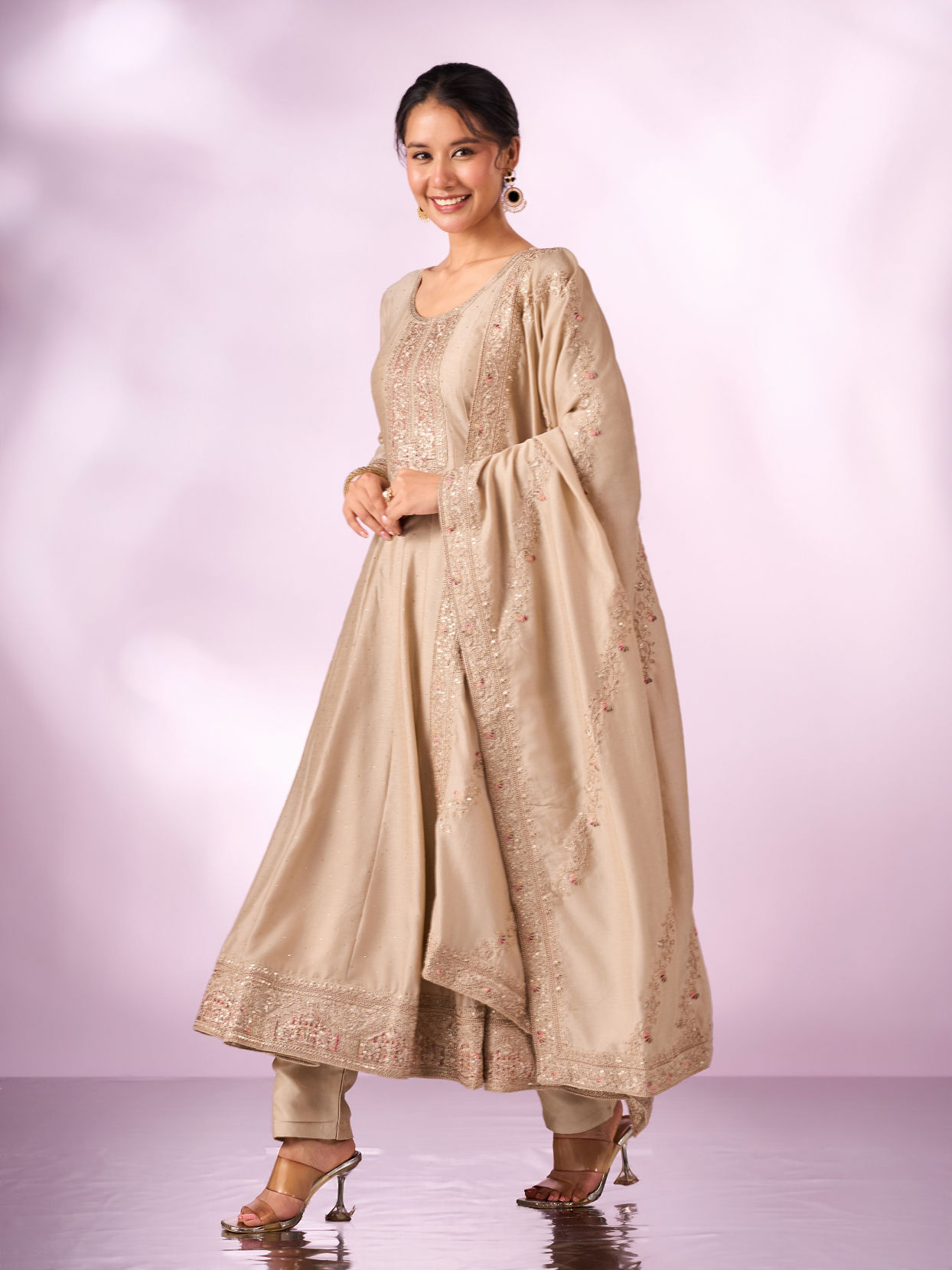 Mohey Women Cream Silk Anarkali Suit with Embroidery