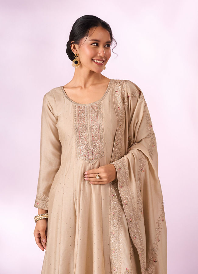 Mohey Women Cream Silk Anarkali Suit with Embroidery