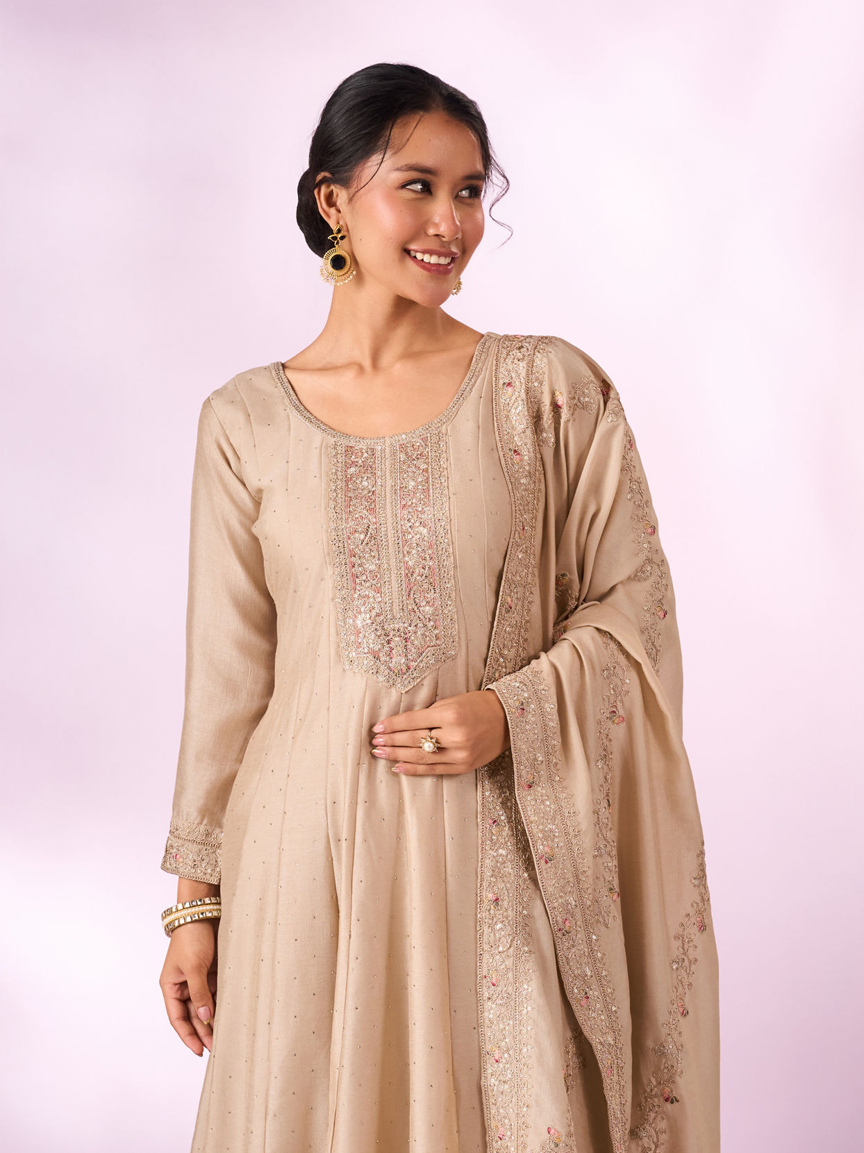 Mohey Women Cream Silk Anarkali Suit with Embroidery