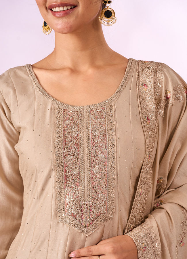 Mohey Women Cream Silk Anarkali Suit with Embroidery