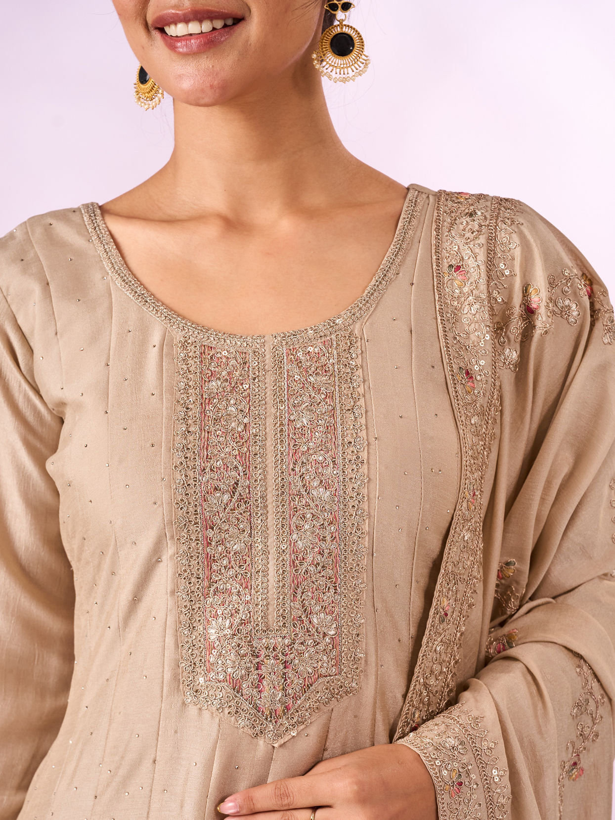 Mohey Women Cream Silk Anarkali Suit with Embroidery