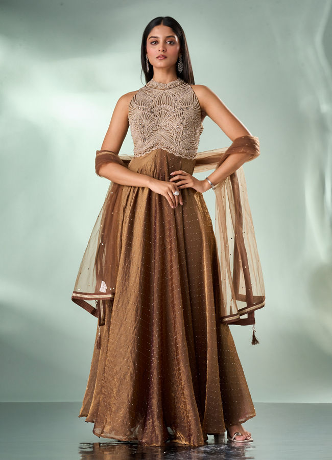 Mohey Women Green Organza Anarkali Suit with Hand Embroidery