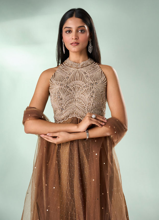 Mohey Women Green Organza Anarkali Suit with Hand Embroidery