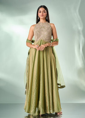 Mohey Women Green Organza Anarkali Suit with Hand Embroidery