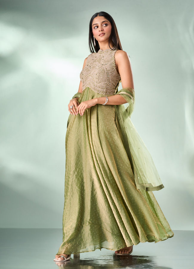 Mohey Women Green Organza Anarkali Suit with Hand Embroidery