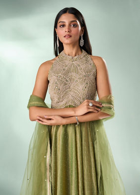 Mohey Women Green Organza Anarkali Suit with Hand Embroidery