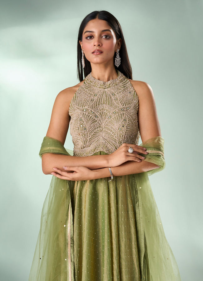 Mohey Women Green Organza Anarkali Suit with Hand Embroidery