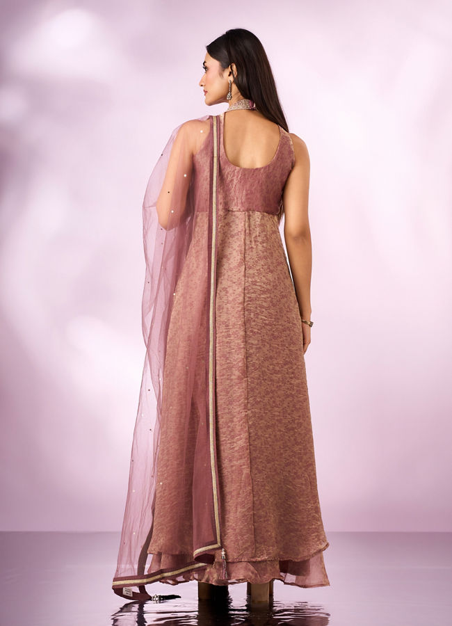 Mohey Women Dusty Pink Organza Anarkali Suit with Hand Embroidery