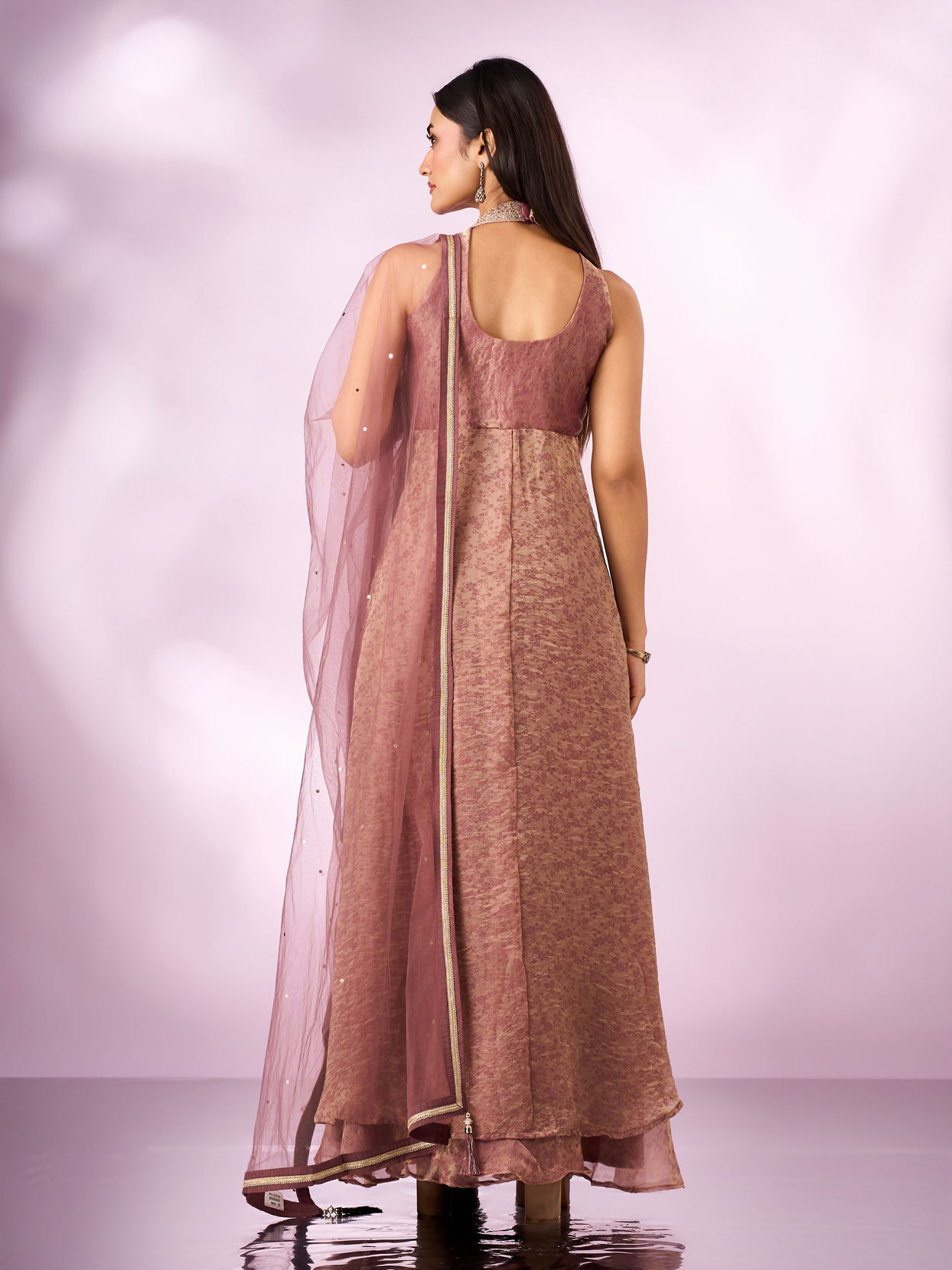Mohey Women Dusty Pink Organza Anarkali Suit with Hand Embroidery