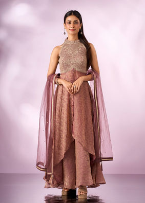 Mohey Women Dusty Pink Organza Anarkali Suit with Hand Embroidery